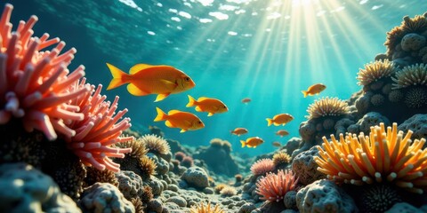 Obraz premium A vibrant underwater scene showcasing a school of bright orange fish gracefully swimming amidst a lively coral reef, bathed in the radiant glow of sunlight penetrating the ocean's surface.