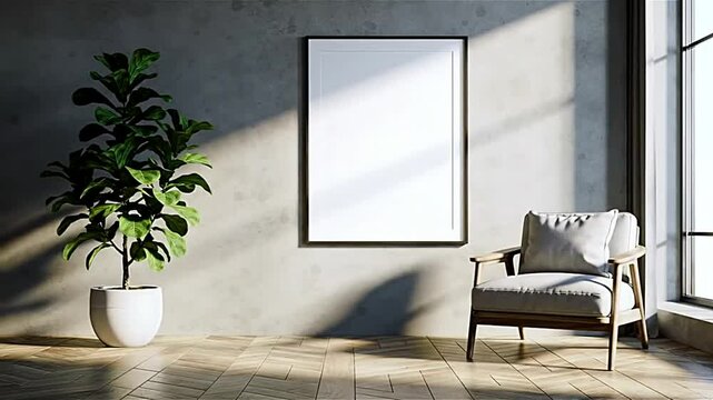 blank picture frame mockup on a wall vertical frame mockup in modern minimalist interior with plant in trendy vase on wall background, Template for painting, photo or poster