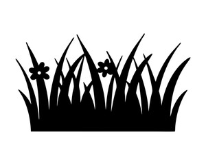 Grass with Flowers Black Silhouette on Transparent Background