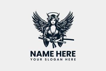 Obraz premium Stylized Winged Samurai Woman Vector Logo Graphic. Powerful Warrior Design