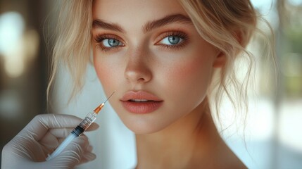 Obraz premium A portrait of a beautiful young Caucasian woman receiving a lip enhancement injection at a clinic, representing the concept of cosmetic lip augmentation
