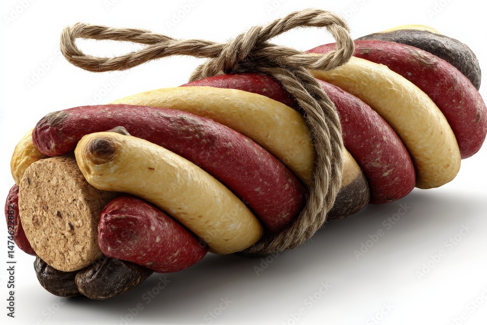 Aufkleber Sausage bundle tied with string on a white surface showcasing various colors and textures