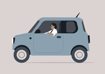 A skilled kei car driver navigates the urban environment, embodying the essence of Japanese automotive culture with style and grace in a vibrant  compact car