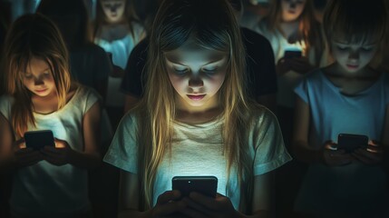 Cellphone addict, teenager excess of social media, children mobile phone screen dependency.