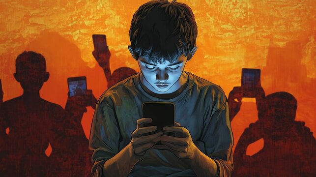 Cellphone addict, teenager excess of social media, children mobile phone screen dependency.