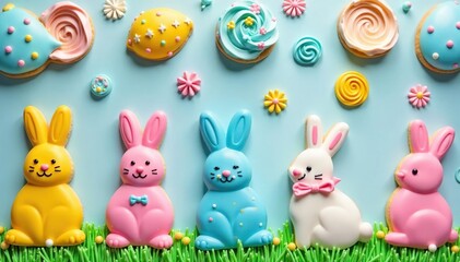 Obraz premium Colorful Easter icing decorations, swirls, and bunnies Perfect for baking and decorating Easter treats , colorful, dessert, sugar