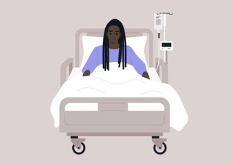 In a hospital environment, a young patient lies in bed, displaying a mix of emotions as they receive medical attention from staff, highlighting their strength during recovery