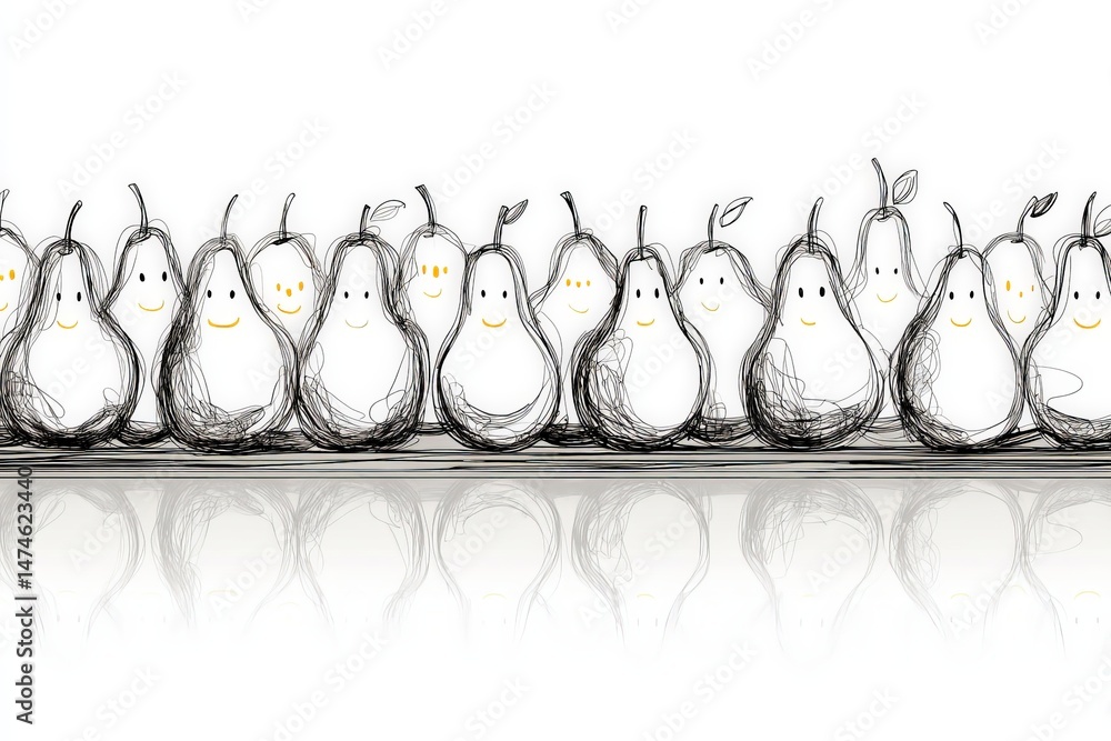 Aufkleber smiling cartoon pears lined up in a cheerful arrangement on a minimalistic background