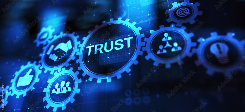 Poster trust customer relations reliability business concept. pointing and pressing on virtual screen.