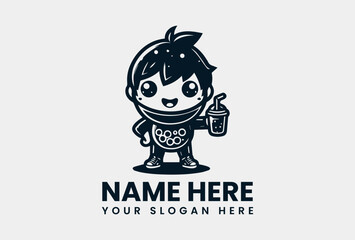 Detailed Boba Boy with Drink Silhouette. Playful Youth Motif Vector Logo