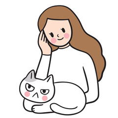 Cute cartoon lines of a woman and a cat on a happy day.