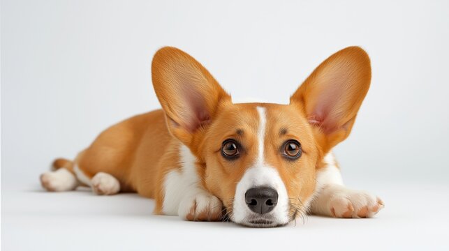 Corgi lies in a sploot position with its short legs extended behind, fox-like face and bright eyes gazing at the camera, exuding cuteness and warmth in a minimalist setting