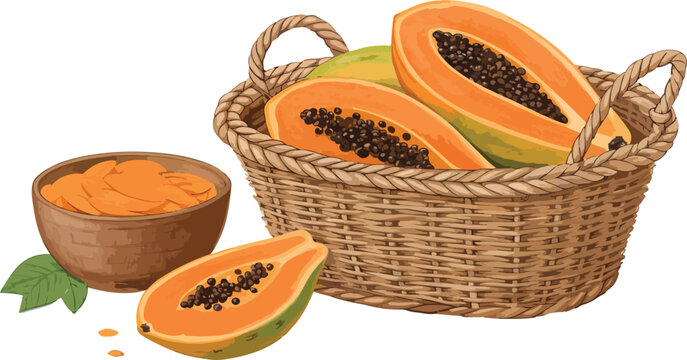 papaya fruit in basket, bowl, leaves clip art preview