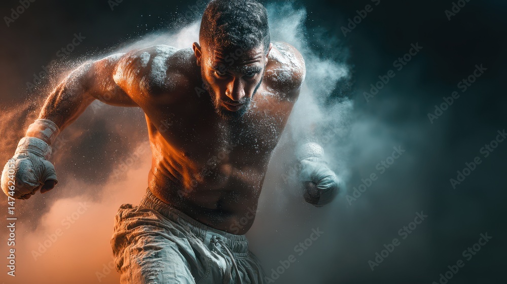 Poster muscular mix fighter on dark background with dynamic elements,stock photo
