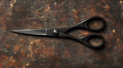 Obraz premium Sharp Precision: A close-up showcases a pair of meticulously crafted black scissors. against a rugged, textured background, the image highlights the tool's sharp edge.