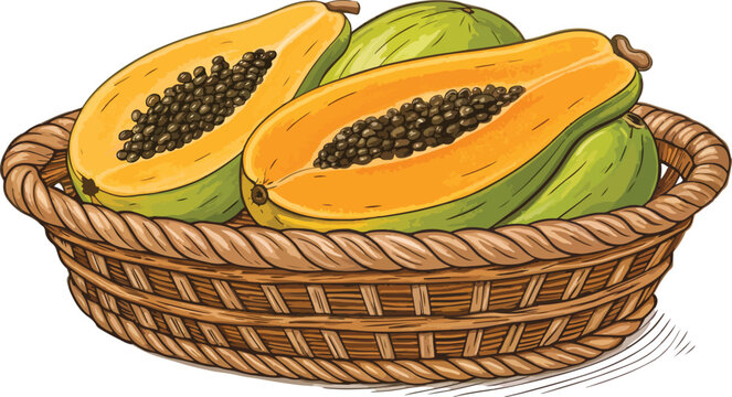 papayas in basket, orange and green fruit clip art preview