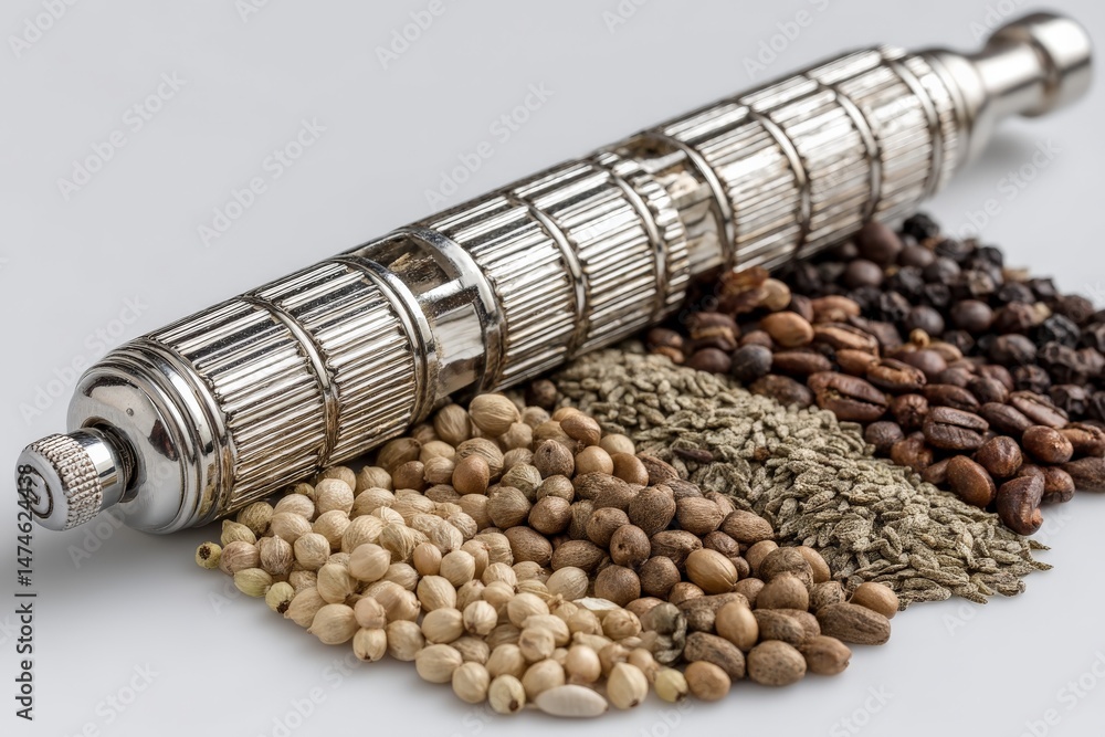 Poster unique metal roller surrounded by a variety of spices and seeds displayed on a gray background