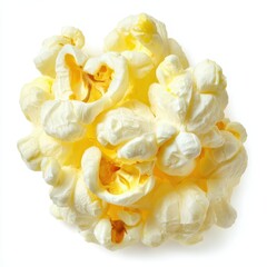 Closeup shot of one cooked single popcorn on white background, Close-up of a single popped popcorn kernel, A close up of a popcorn kernel on white, A white and yellow popcorn kernel, easy to cutout