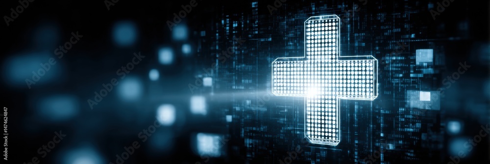 Poster medical cross symbol glowing on a digital screen with a futuristic design illuminating a dark backgr