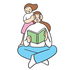 Cute cartoon lines of mother and daughter on a happy day.