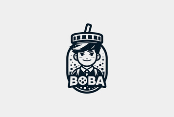 Monochrome Boba Kid Illustration. Minimalist Beverage Art