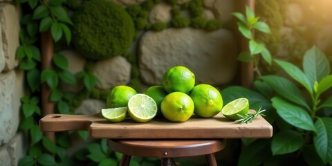 A vibrant still life featuring a cluster of fresh limes, artfully arranged on a rustic wooden board, complemented by a sprig of fragrant herbs, all set against a backdrop of lush greenery and stone.