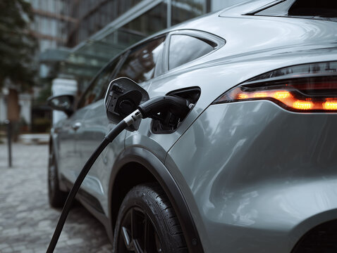 carro el&eacute;trico estacionado sendo carregado, destacando tecnologia sustent&aacute;vel, energia limpa e mobilidade el&eacute;trica. Ideal para temas de inova&ccedil;&atilde;o, transporte e futuro sustent&aacute;vel