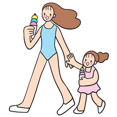 Cute cartoon lines of mother and daughter on a happy day.