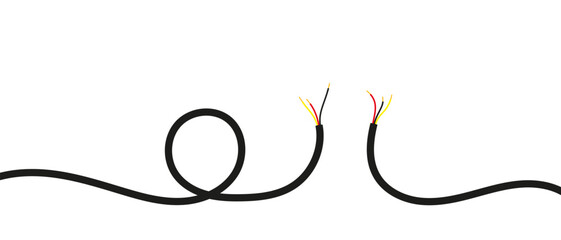 Broken black cable with exposed red, yellow, and black wires on a white background, symbolizing disconnection or repair concept.