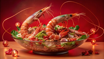Surreal Shrimp Salad: Floating Seafood in a Dreamlike Ocean