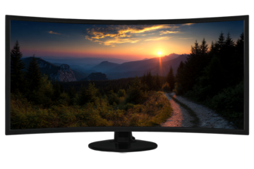 Curved monitor showcasing a sunrise over mountain landscape