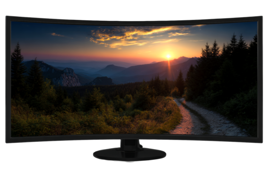 Curved monitor showcasing a sunrise over mountain landscape