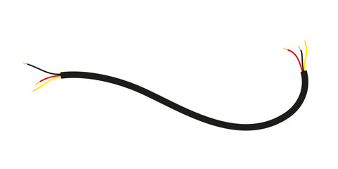 Vector illustration of a black cable with exposed red, yellow, and black wires on both ends, isolated on a white background.
