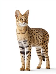 Fototapeta premium A Savannah cat stands tall with an exotic spotted golden coat and intense amber eyes, showcasing its serval heritage as it poses alert against the stark white backdrop