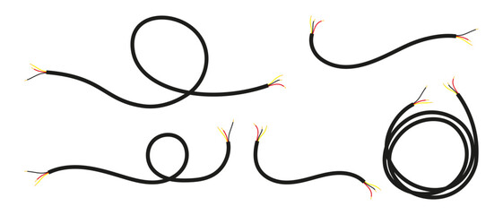Set of black electric wires with exposed colorful ends, isolated on white background, shown in various loops and bends.
