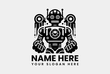 Stylized Robot Head Vector Logo Graphic. Futuristic Technology Design