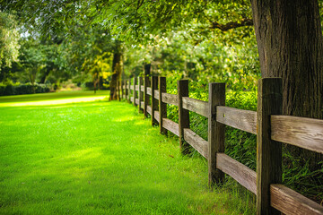 Newly installed wooden fence enhancing green lawn and trees in a fresh outdoor setting