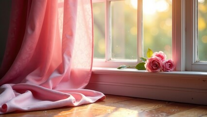 Serene Sunlight Illuminates Delicate Pink Drapery and Roses Resting on a Window Sill