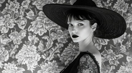 A monochrome portrait of a woman wearing a wide-brimmed hat that obscures her eyes.