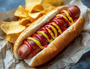 Hot dog with chips.  A delicious hot dog with toppings and a side of tortilla chips