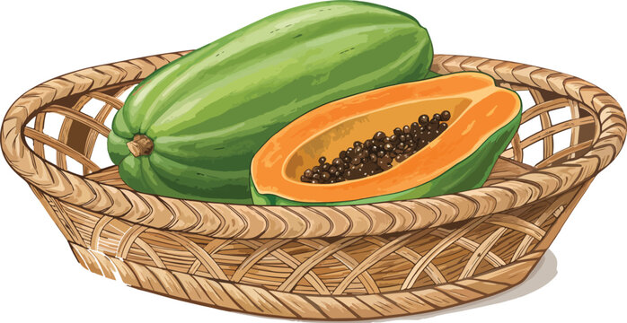 recommend clip art: Papaya in wicker basket with papaya slice in white background, Papaya vector design