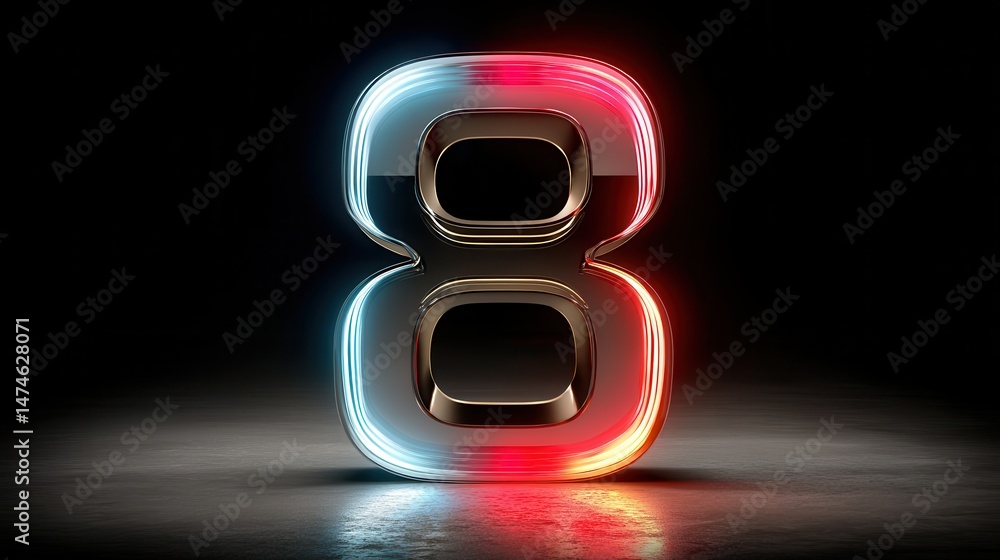 Poster number eight futuristic digital symbol pink blue gradient neon light glowing in the dark 3d renderin