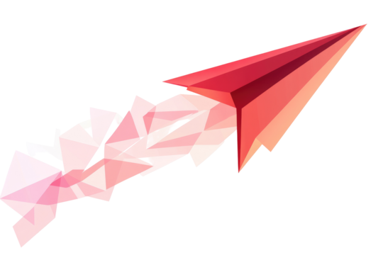 Red origami rocket soaring upward, leaving a pink polygonal trail