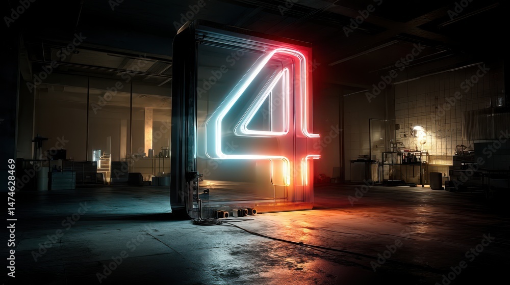 Poster number four futuristic digital symbol pink blue gradient neon light glowing in the dark 3d rendering