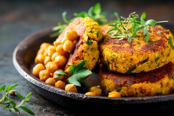 Chickpea patties are neatly arranged on a rustic plate, accompanied by tender chickpeas and garnished with fresh herbs, showcasing a vibrant and appetizing dish