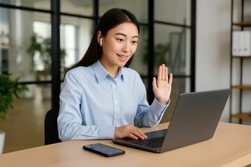 Asian businesswoman making video call on laptop while working remotely from modern office