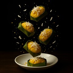Traditional Thai Toddy Palm Cake Dessert with Coconut Topping on Banana Leaf - Floating Art Dark Background