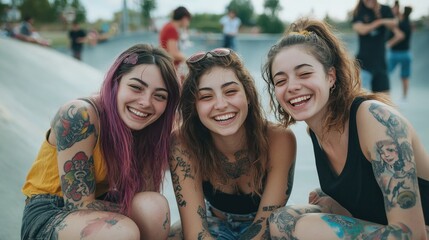 Three young women sit closely together on a skateboard ramp, smiling and laughing.