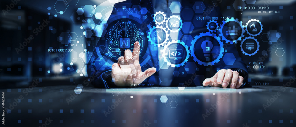 Poster ai-driven automation and innovation process illustrated on a digital interface.