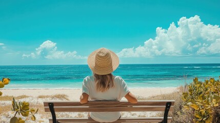 An elderly couple sits closely together on a wooden deck, overlooking a serene beach with gentle waves.